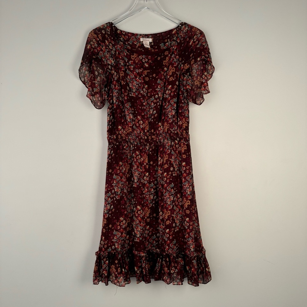 Sundance Dress Midi 100% Silk Floral Burgundy Tulip Sleeve Romantic Boho Size S